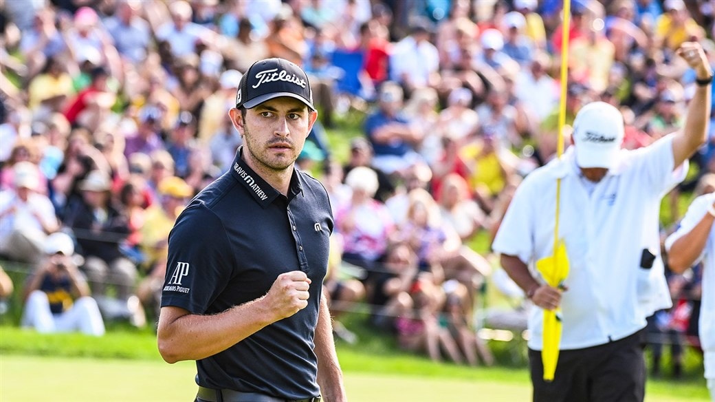 Patrick Cantlay celebrates after holing a putt to record a final round of 8-under-par 64 at the 2019 Memorial Tournament